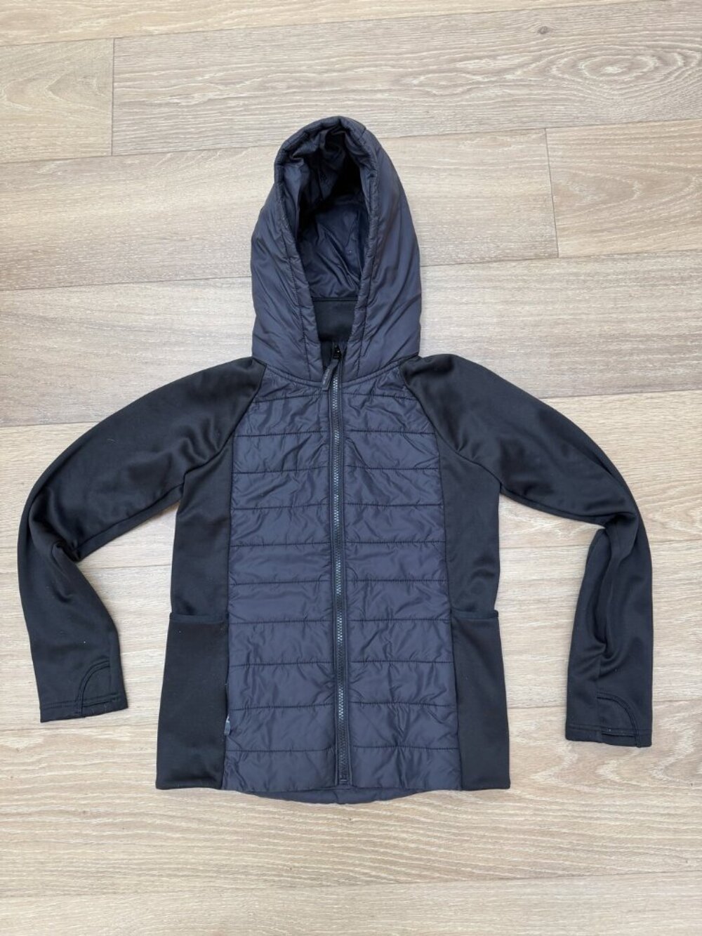 Athleta Girl Half Time Hybrid Jacket Black Quilted Hooded - Girls L/12